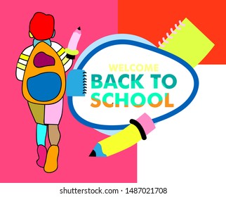 Back to school vector banner or background design with colorful boy characters, education items and space for text in a background. Vector illustration.
