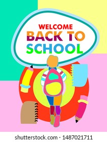 Back to school vector banner or background design with colorful boy characters, education items and space for text in a background. Vector illustration.