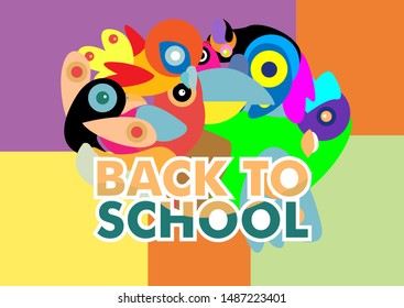 Back to school vector banner or background design with colorful bird characters