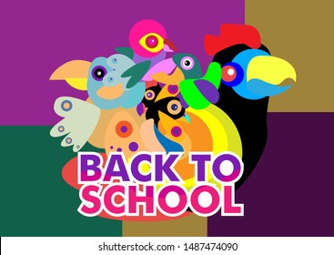 Back to school vector banner or background design with colorful bird characters