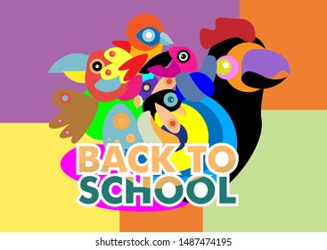 Back to school vector banner or background design with colorful bird characters