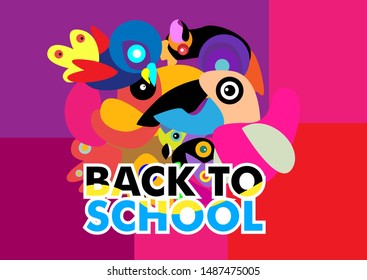 Back to school vector banner or background design with colorful bird characters