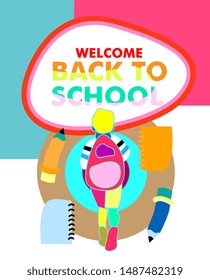 Back to school vector banner or background design with colorful boy characters, education items and space for text in a background. Vector illustration.