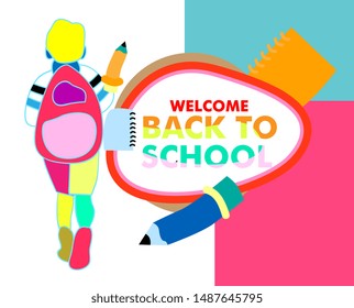 Back to school vector banner or background design with colorful boy characters, education items and space for text in a background. Vector illustration.