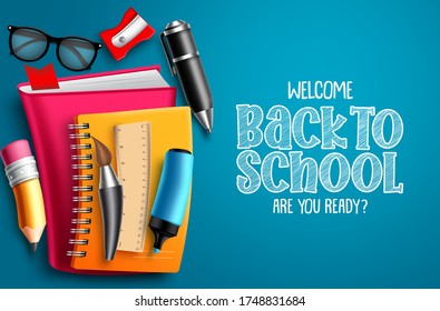 Back to school vector banner background. Welcome back to school text in blue empty space and colorful education elements, items and supplies for educational and kids learning. Vector illustration.