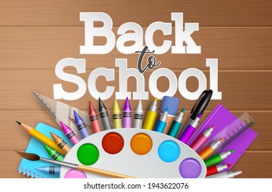 Back to school vector banner background. Back to school text with coloring and painting education elements like paint, crayons and color pen for art educational design. Vector illustration
