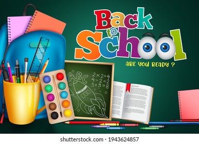 Back to school vector banner background. Back to school text with education elements like backpack bag, chalkboard and study book for educational items and tools design. Vector illustration
