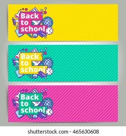 Back to school vector banner or bookmark template design. Education elements background with boy and girl students. Start of school-year concept in trendy flat cartoon line style