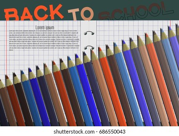 back to school vector banner. Colorful pencils on a white copybook with place for your text. Big colored stylish lettering. High quality wallpaper template illustration, modern style realistic  