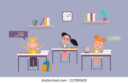 Back to school vector banner. Cute school kids characters. Happy schoolboys and schoolgirl. Elementary school students. - stock vector