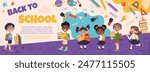 Back to school vector banner design with cute children and education element. Posters with different kids for poster, wallpaper,  print, website. Vector background for your design