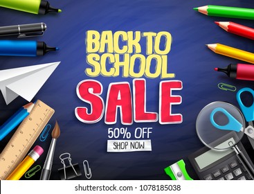 Back to school vector banner design for education shopping discount promotion with school supplies and sale text in blue textured background. Vector illustration.