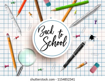 Back to school vector banner design with colorful school elements, education items and space for text in a background. Vector illustration. Autumn flyer, poster, banner, menu, offer.