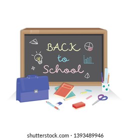 Back to school vector banner design with stationary and chalkboard. Vector illustration.
