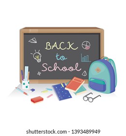 Back to school vector banner design with stationary and chalkboard. Vector illustration.
