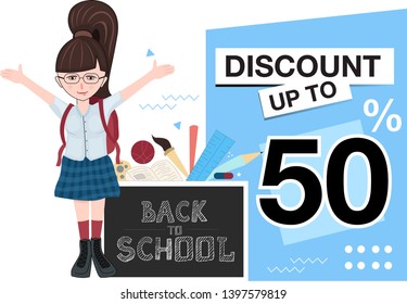 Back to school vector banner design with colorful funny school characters. Vector illustration. - Vector