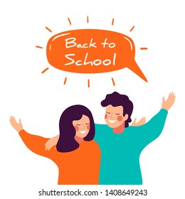 Back to school vector banner design with happy children embracing each other. Smiling teenage boy and girl or school friends standing together, waving hands.