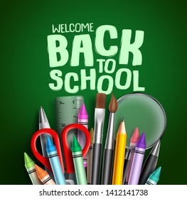 Back to school vector banner design. Welcome back to school greeting text with colorful school items and other educational elements in green background. Vector illustration.