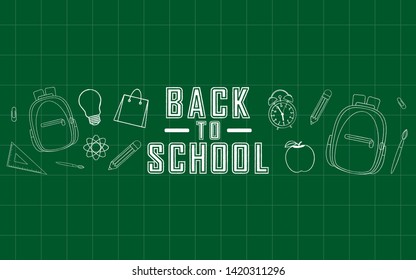 Back to school vector banner design with elements of school bag, shopping bag, apple, ruler, paint brush, idea bulb, science icon, clock, paper clip and pencil in green graph board background. 