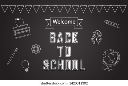 Back to school vector banner design with elements of apple, books, paint brush, idea bulb, science icon, clock, table globe and pencil in black chalk board background. 