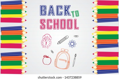 Back to school vector banner design with elements of doodled bag, apple, science icon, paint brush, alarm clock and border with colored pencil in white paper lined notebook-like background. 