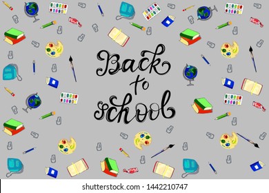 Back to school vector banner design with colorful funny school characters. Vector illustration.