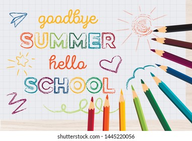Back to school.  Vector banner design illustration. Colorful colored pencil and white paper notebook. Education background.  Child drawing. Googbye summer. Education items and space for text.