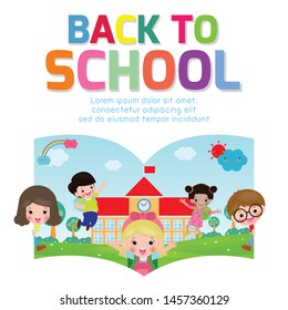 Back to school vector banner design with happy Children, poster background cover book, web, flyer, banner and template. Ready for your message, Funny cartoon kids character. Vector illustration