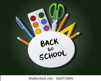 Back to school vector banner design with school supplies: paint, scissors, pencils, pens