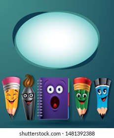 Back to school vector banner design with colorful funny school characters a, education items and space for text in a background. 