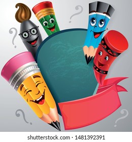 Back to school vector banner design with colorful funny school characters a, education items and space for text in a background. 