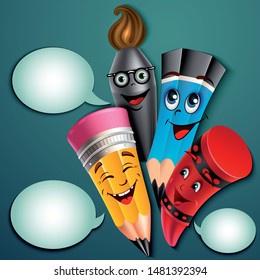 Back to school vector banner design with colorful funny school characters a, education items and space for text in a background. 