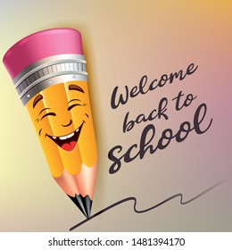 Back to school vector banner design with colorful funny pencil, education items and space for text in a background. 