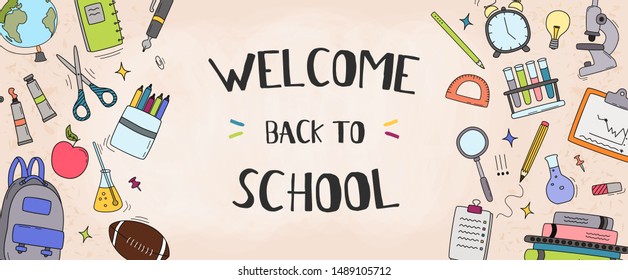 Back to school vector banner design with school elements and education items for discount promotion. Vector illustration.
