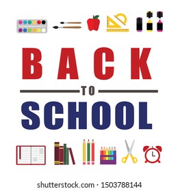 Back to school vector banner design with a education items. Vector illustration. Flat vector.