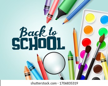 Back to school vector banner design. Back to school text with colorful school elements and education items like color pencil, crayons, water color and brush. Vector illustration. 