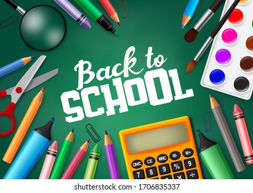 Back to school vector banner design. Back to school typography in chalkboard blank space for text with school supplies and education elements. Vector illustration. 
