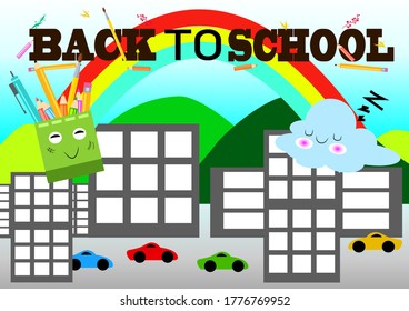 Back to school vector banner design with colorful funny school characters a, education items with city building mountain background. Vector illustration.
