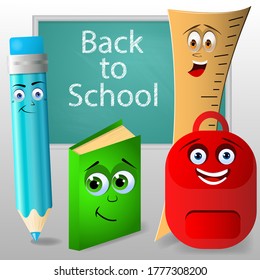 Back to school vector banner design with colorful funny school characters, subjects of education. Vector illustration.