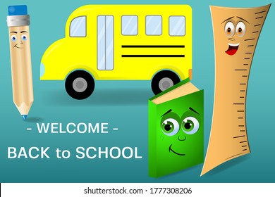 Back to school vector banner design with colorful funny school characters, subjects of education. Vector illustration.