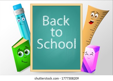 Back to school vector banner design with colorful funny school characters, subjects of education. Vector illustration.