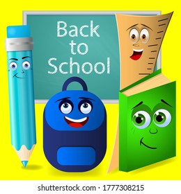 Back to school vector banner design with colorful funny school characters, subjects of education. Vector illustration.