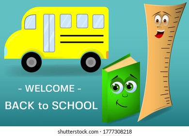 Back to school vector banner design with colorful funny school characters, subjects of education. Vector illustration.