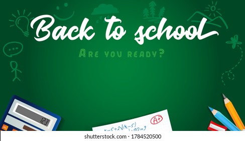 Back to school vector banner design with colored pencils, school items and space for text on green blackboard. Concept sale discount illustration of education school background