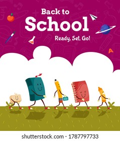 Back to school vector banner design with colorful funny school characters-purple-blue-education elements