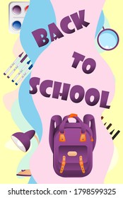 Back to school vector banner design for sale banner, invitation, promotion,sale poster, flat design colorful. School shopping. Vector illustration.