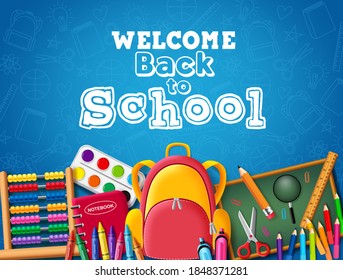 Back to school vector banner design. Welcome back to school text with kids colorful education element like bag, pencil, crayon, color pencil, scissor, and notebook in blue pattern background.