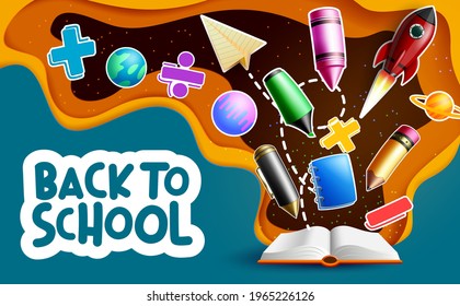 Back to school vector banner design. Back to school text with  paper cut elements like crayons, pencil and book supplies for educational activity decoration. Vector illustration
