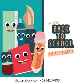 Back to school vector banner design with colorful cute funny school characters.