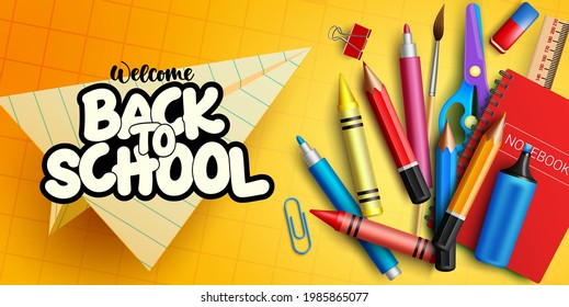 Back to school vector banner design. Welcome back to school text in paper art with elements like crayons, notebook and marker for student education supplies background. Vector illustration
